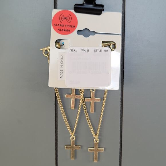 Gold-Tone Multi Cross Layered Chain Pierced Earrings 3.5" Rhinestones Edgy Punk - Picture 8 of 8